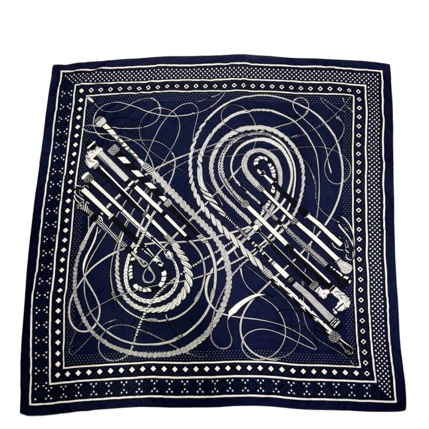 HERMES エルメス ショール カレジェアン140 『Fouets et Badines(鞭とグリップ)』 カシシル バンダナ マリン/ブラック/ホワイト 2019AW