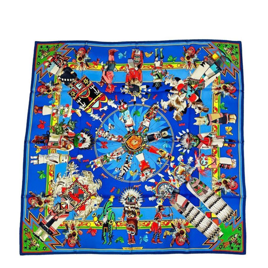 HERMES エルメス スカーフ カレ90 『Kachinas (カチナ民族)』 シルク ブルー系マルチカラー