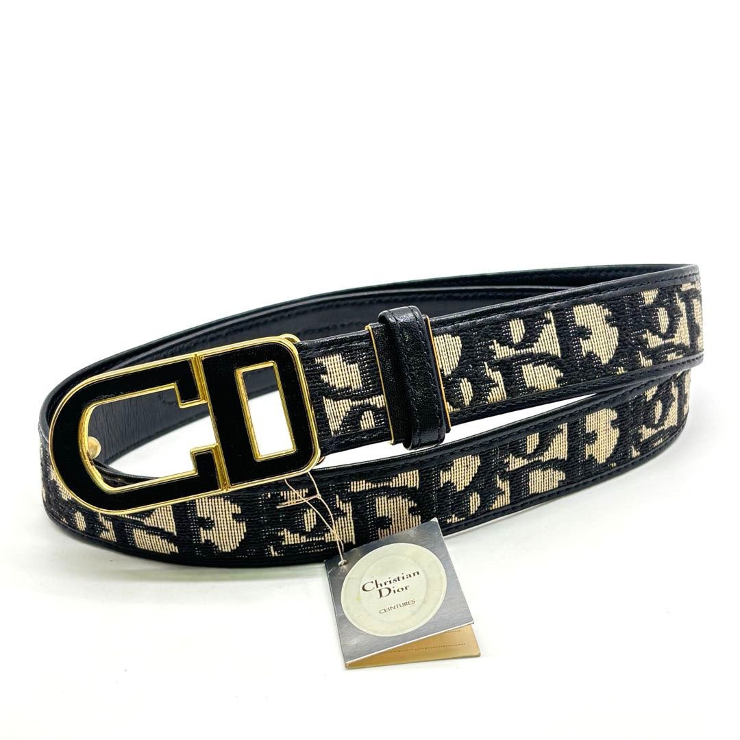 Christian Dior クリスチャンディオール ヴィンテージベルト CDロゴバックル トロッター キャンバス/レザー ブラック/ベージュ系/ゴールド