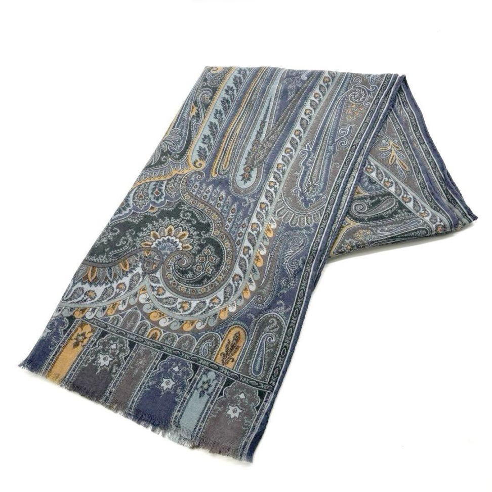 ETRO エトロ ストール ペイズリー柄 ウール70%/シルク30% ブルー系