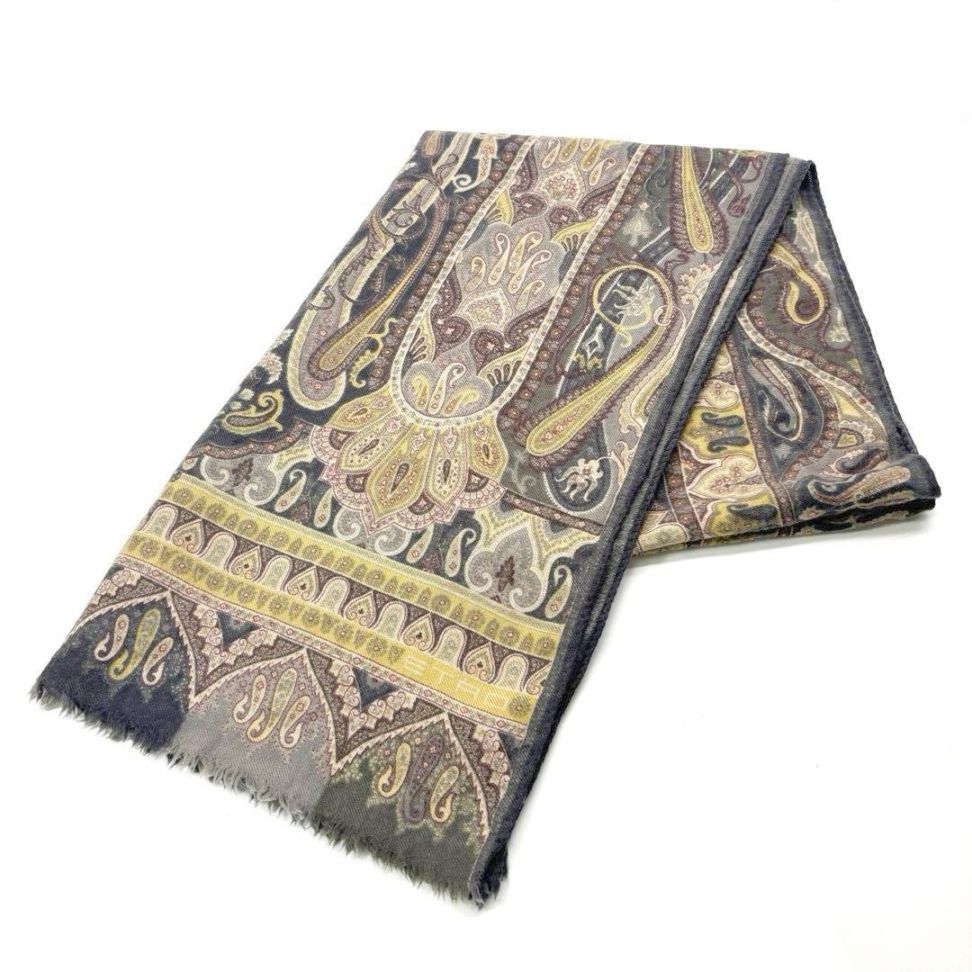 ETRO エトロ ストール ペイズリー柄 ウール70%/シルク30% カーキ系