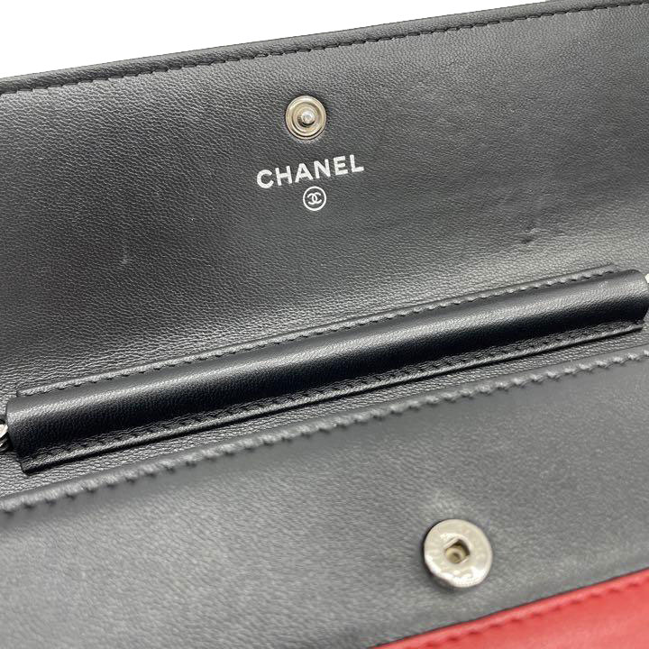 CHANEL シャネル エアライン チェーンウォレット 長財布 レザー ブラック ネイビー 水色 レッド シルバー金具 22番台 A82433