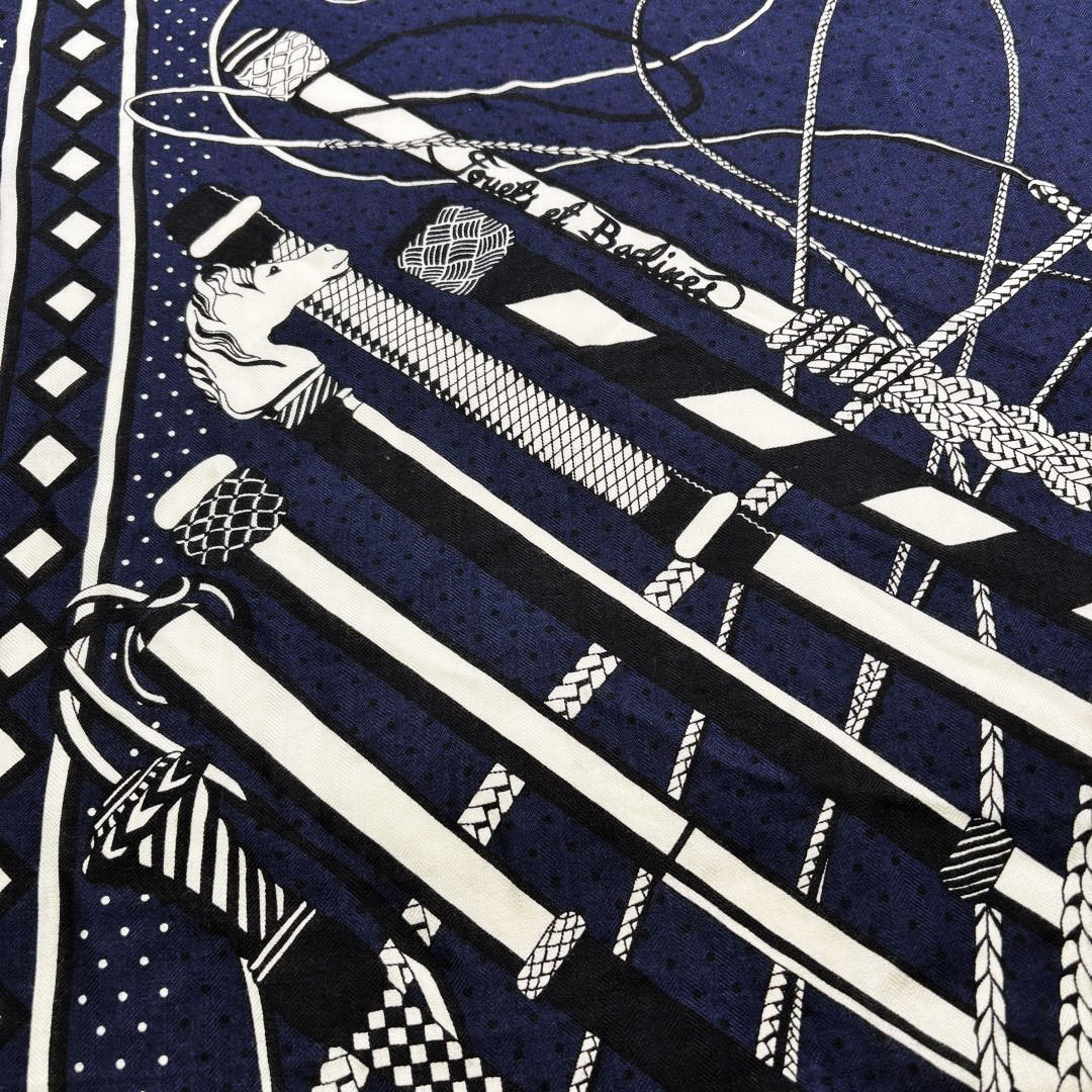 HERMES エルメス ショール カレジェアン140 『Fouets et Badines(鞭とグリップ)』 カシシル バンダナ マリン/ブラック/ホワイト 2019AW