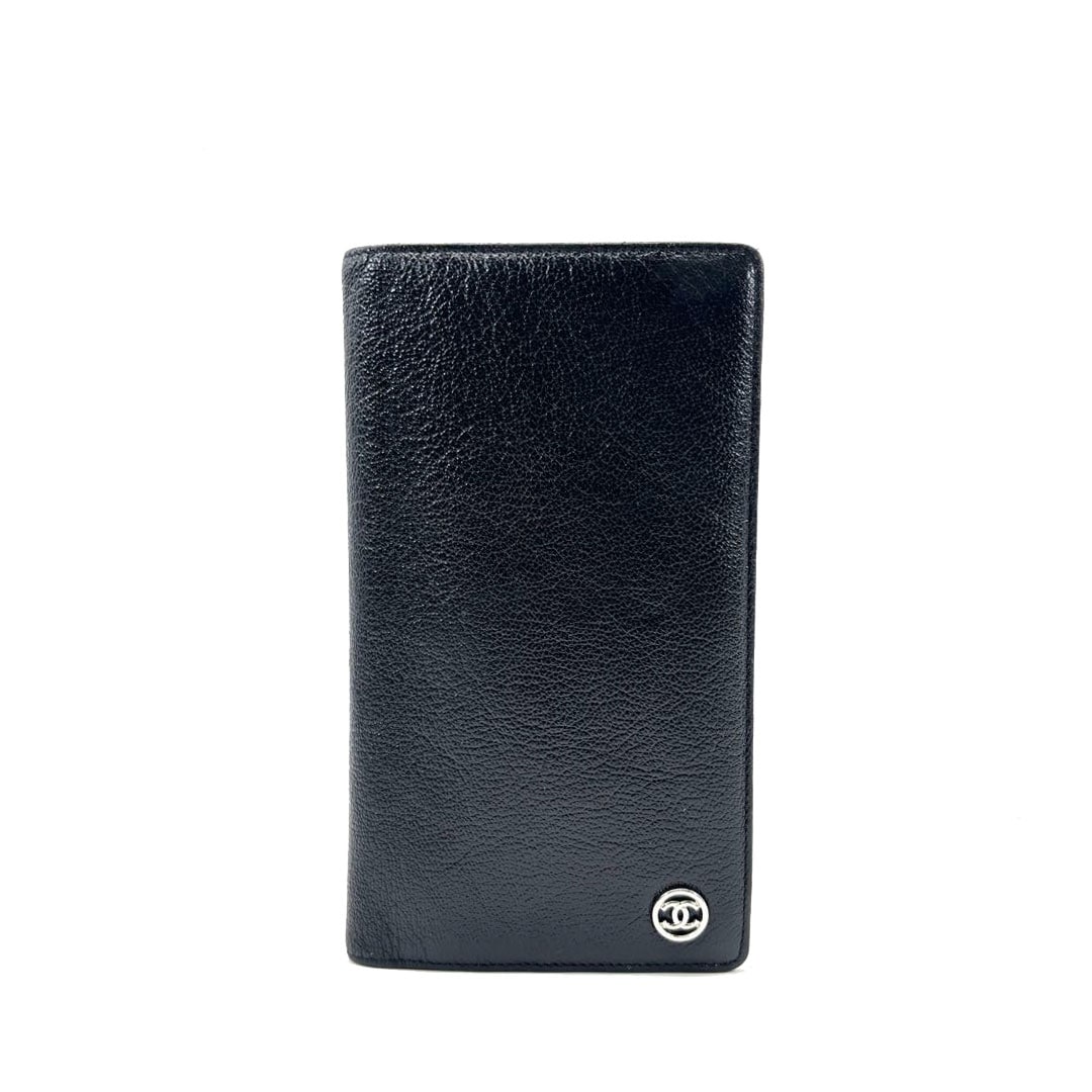 CHANEL シャネル 二つ折り長財布 ココボタン レザー ブラック/シルバー