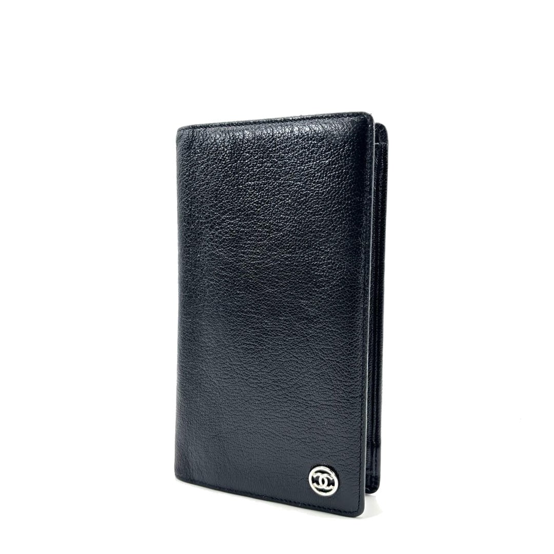 CHANEL シャネル 二つ折り長財布 ココボタン レザー ブラック/シルバー