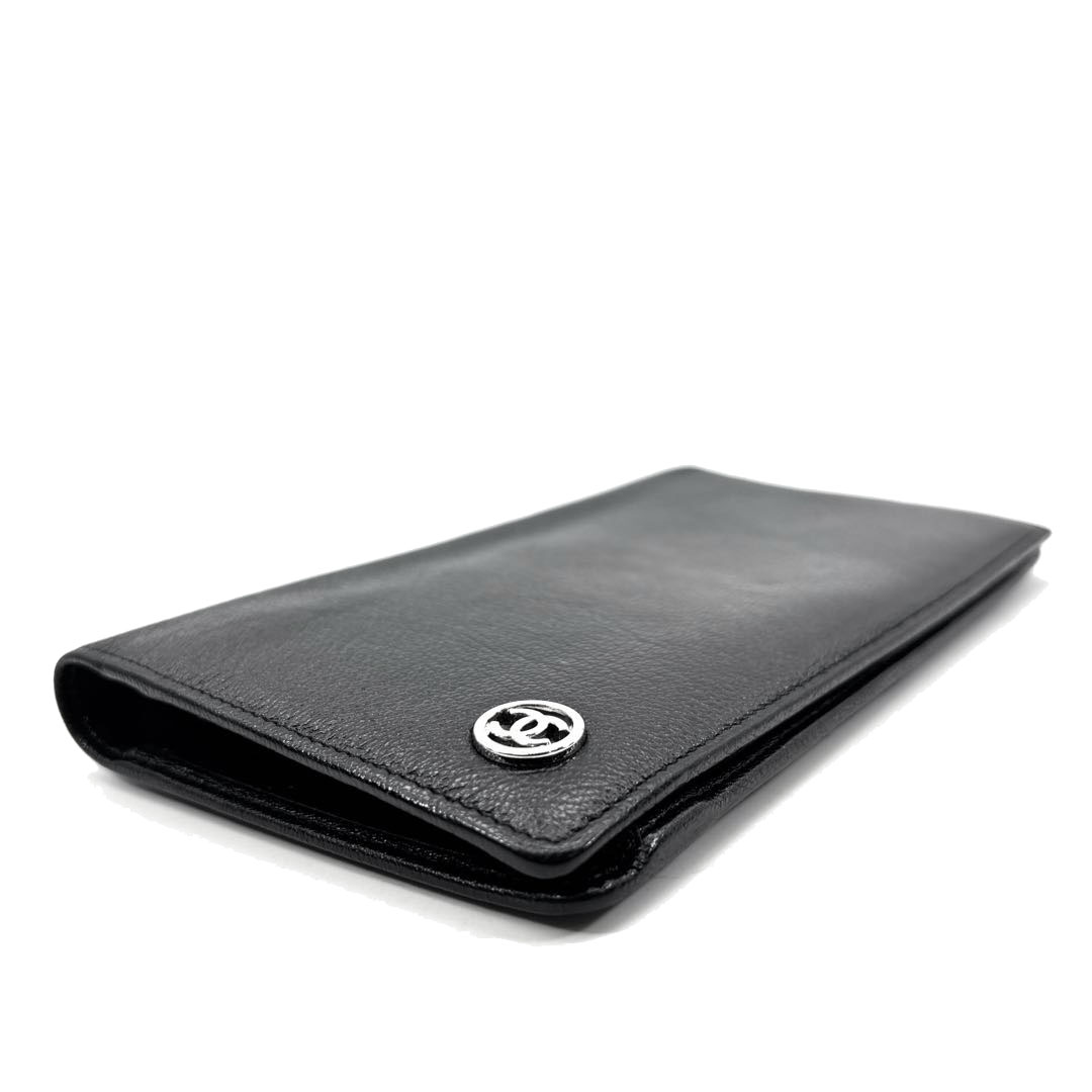 CHANEL シャネル 二つ折り長財布 ココボタン レザー ブラック/シルバー