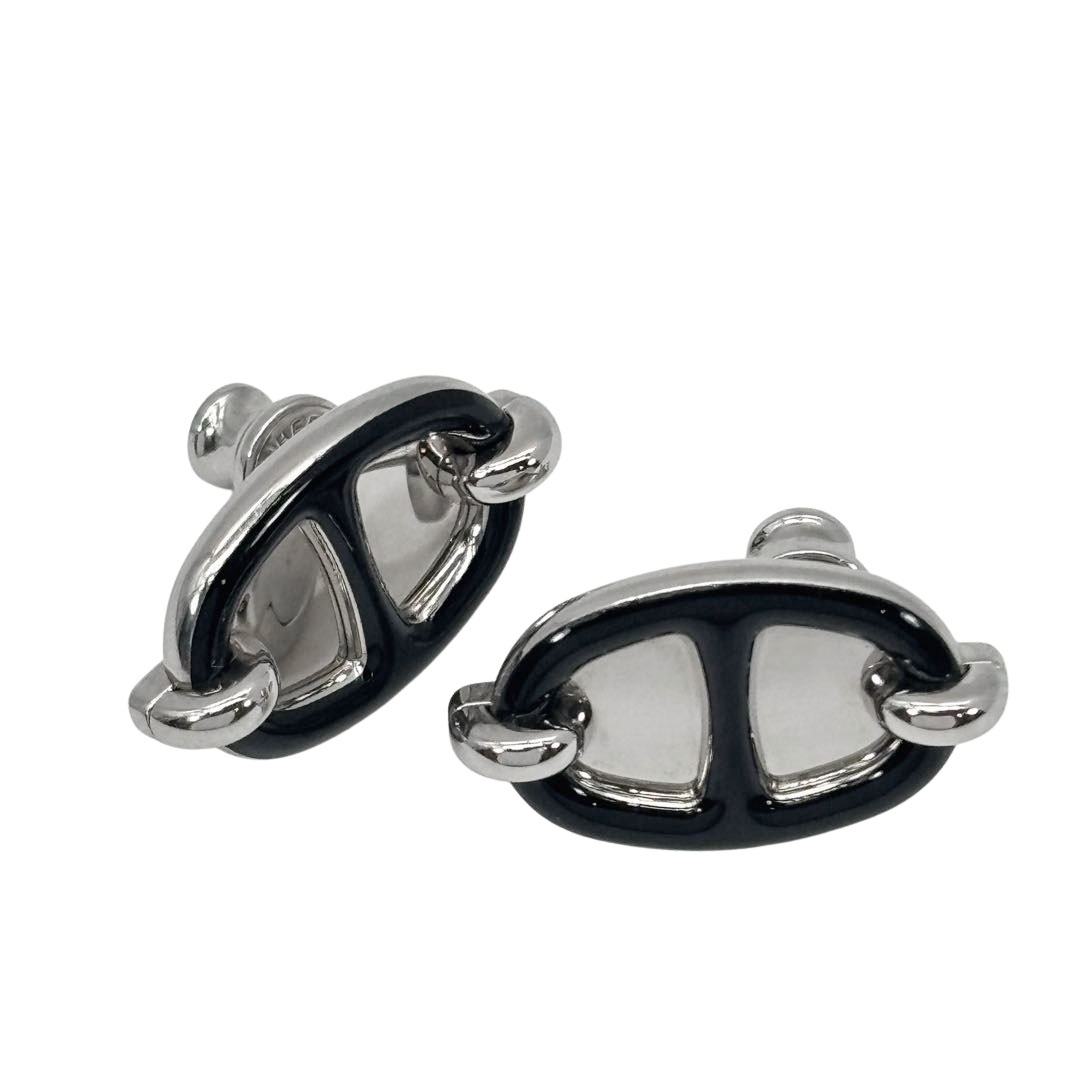 HERMES エルメス ピアス ミニ・マイヨン ラッカーメタル ブラック/シルバー金具 シェーヌダンクル H100052FP03
