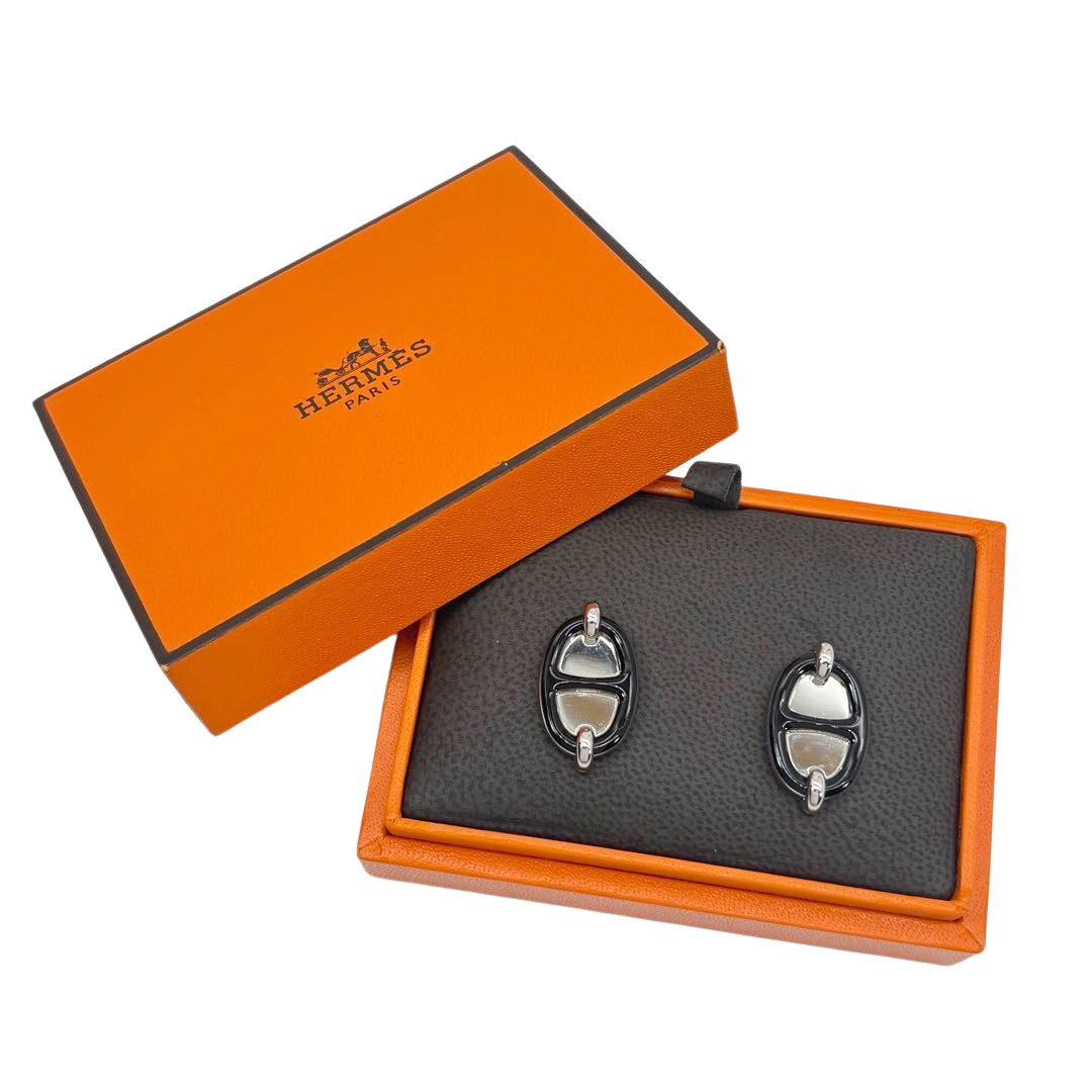 HERMES エルメス ピアス ミニ・マイヨン ラッカーメタル ブラック/シルバー金具 シェーヌダンクル H100052FP03