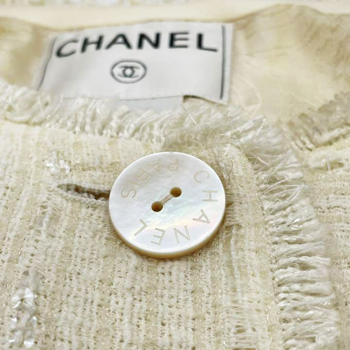 CHANEL シャネル ノーカラー ジャケット スパンコール 38 アイボリー系