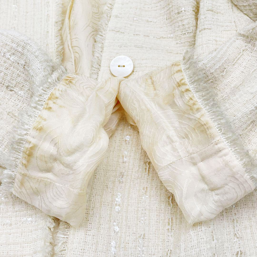 CHANEL シャネル ノーカラー ジャケット スパンコール 38 アイボリー系 00C