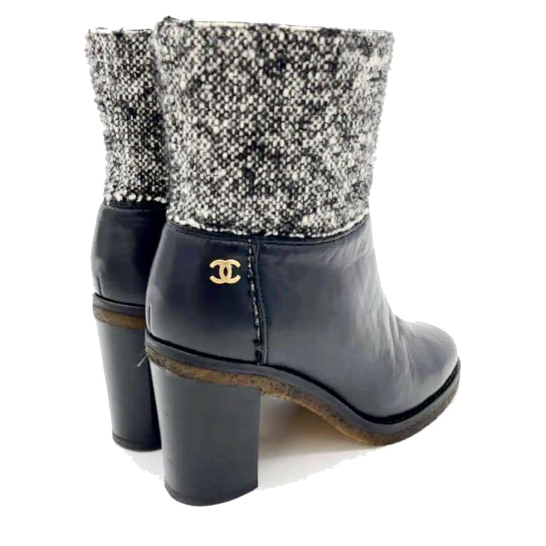 CHANEL シャネル ショートブーツ ツイード レザー ブラック 16B 371/2(約24.5cm)