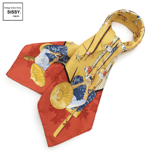 ■エルメス■ カレ90 「MARCHE FLOTTANT DU LAC INLE」 スカーフ シルク イエロー ブラウン系 グリーン 【HERMES】