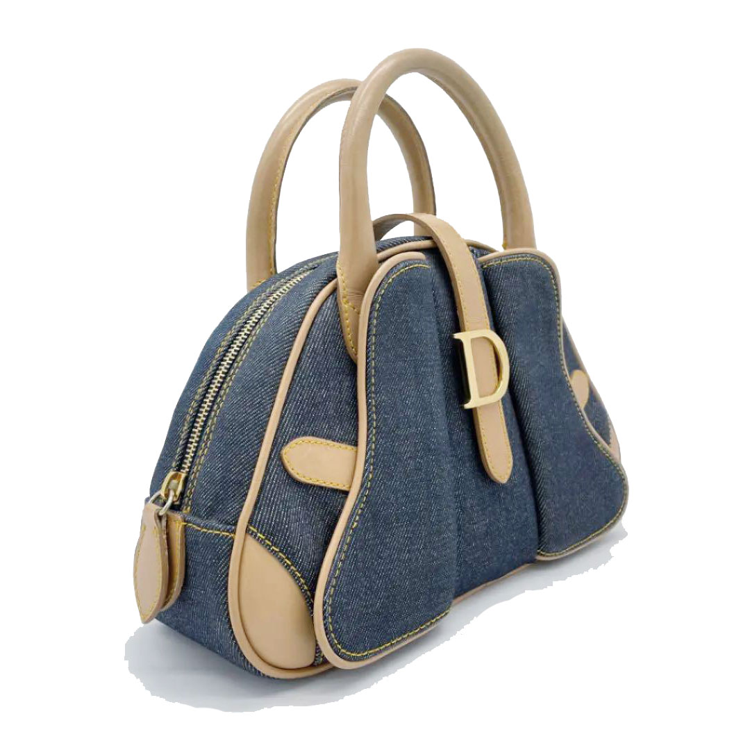 Christian Dior クリスチャン ディオール ハンドバッグ ダブルサドル デニム レザー ブルー ゴールド金具