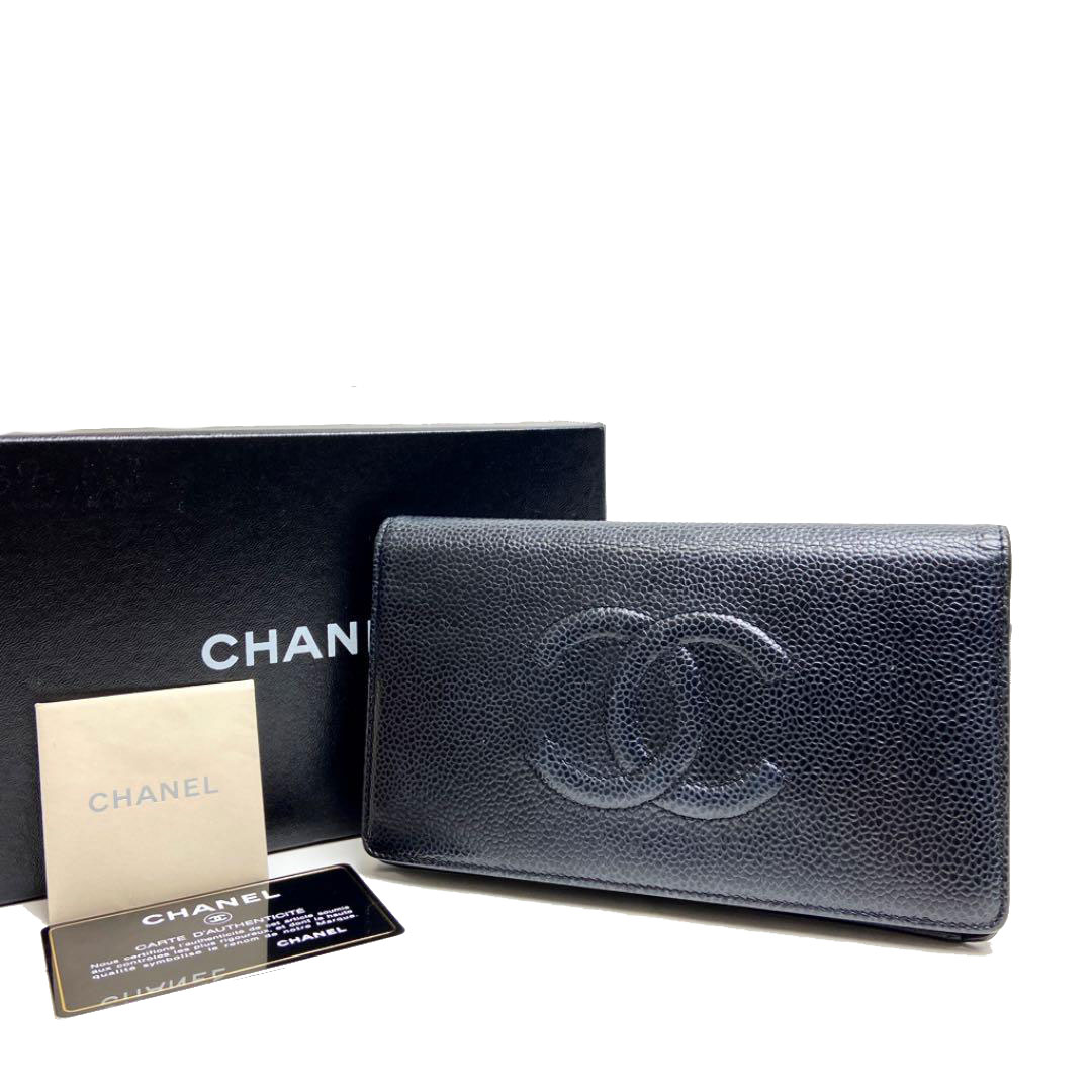CHANEL シャネル 二つ折り長財布 キャビアスキン ブラック 13番台 （2009年頃製造）