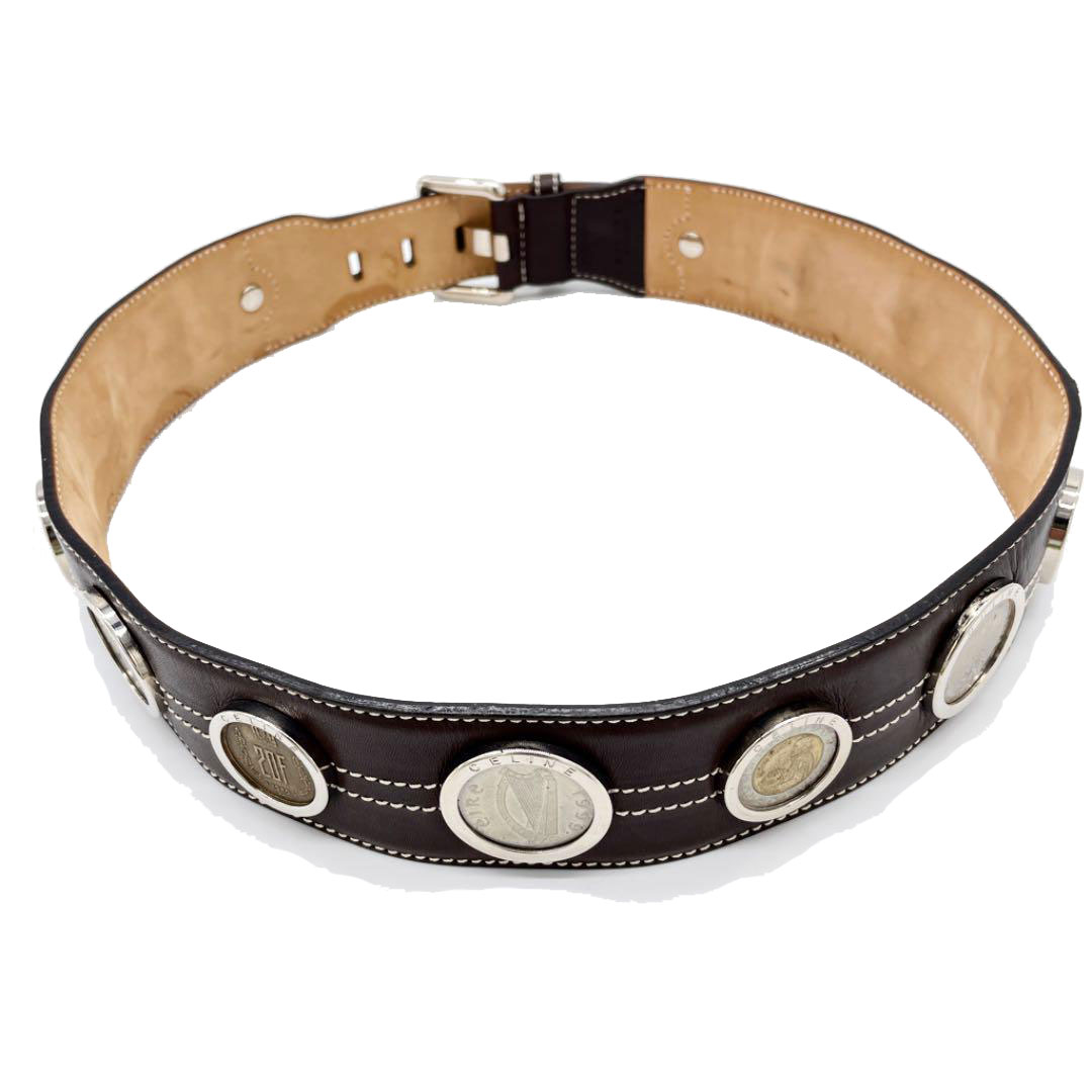 CELINE セリーヌ レディース ベルト ユーロデッセイ コレクション コインモチーフ Sサイズ ダークブラウン ゴールド シルバー