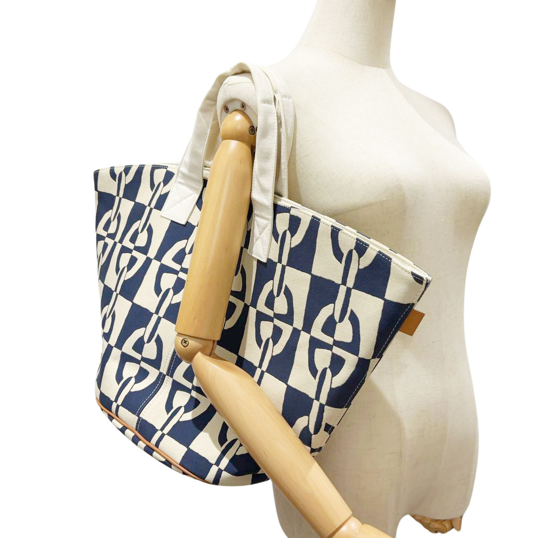 HERMES エルメス トートバッグ パニエド プラージュPM シェーヌダンクル柄 キャンバス アイボリー/ネイビー