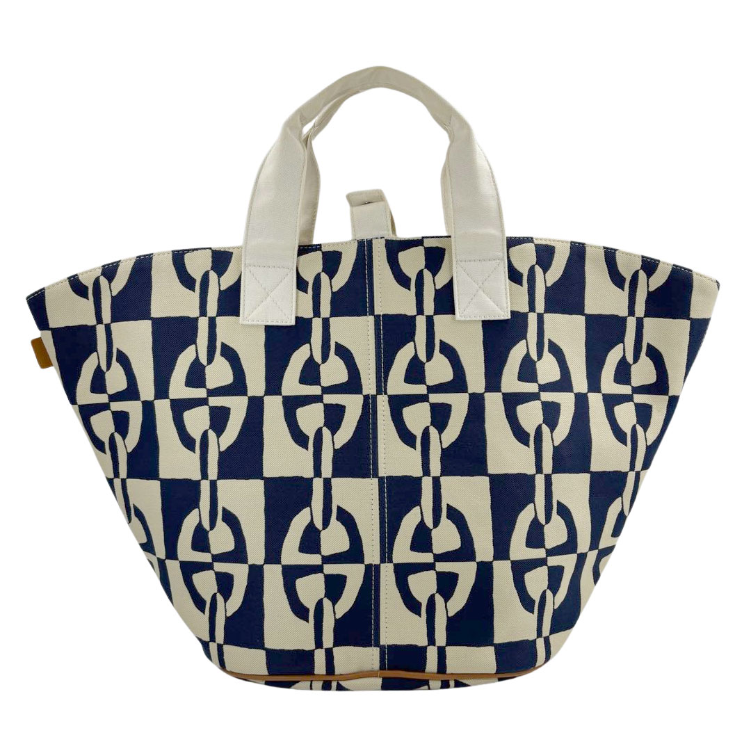 HERMES エルメス トートバッグ パニエド プラージュPM シェーヌダンクル柄 キャンバス アイボリー/ネイビー