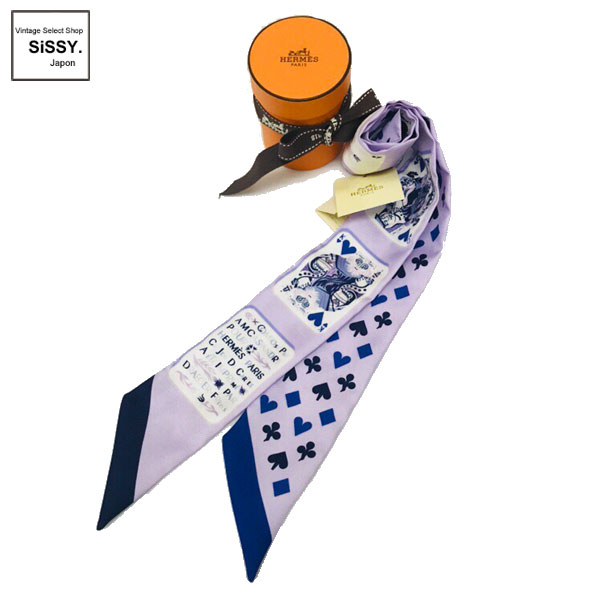 ■エルメス■ ツイリー スカーフ トランプ柄 シルク ライトパープル ホワイト ネイビー 【HERMES】