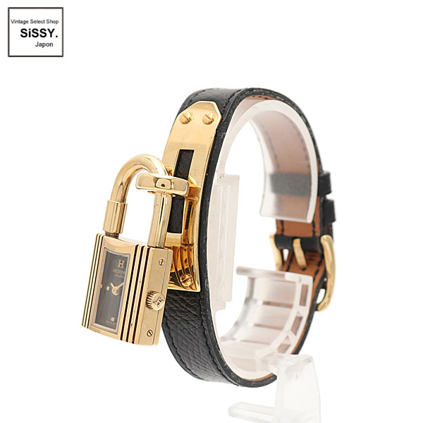 ■エルメス■ ケリーウォッチ 腕時計 レディース クオーツ GP クシュベル ゴールド ブラック 黒文字盤 □B刻印 【HERMES】