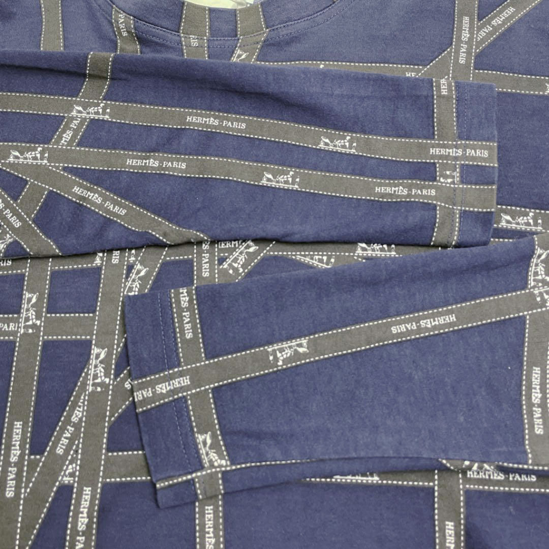 HERMES エルメス ボルデュック ロングスリーブ Tシャツ ロンT トップス S リボン柄 コットン ネイビー ブラウン