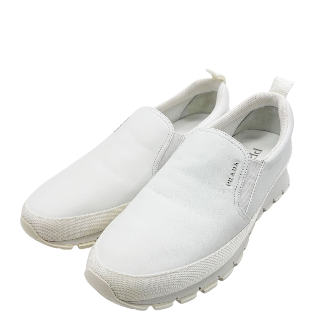 大注目 PRADA◆Re-Nylon ブラッシュドレザー スニーカー 白スニ PRADA プラダ メンズ スリッポン スニーカー レザー ホワイト 6