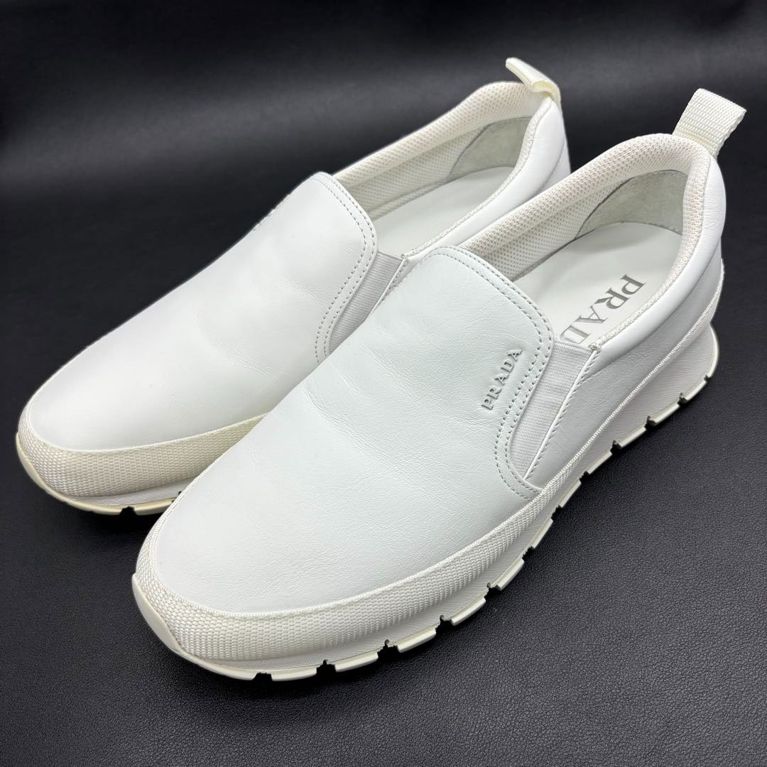 大注目 PRADA◆Re-Nylon ブラッシュドレザー スニーカー 白スニ PRADA プラダ メンズ スリッポン スニーカー レザー ホワイト 6