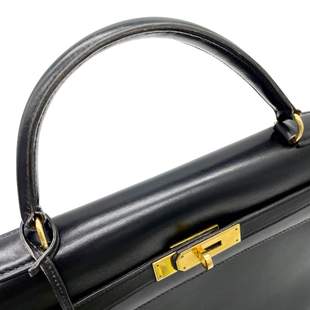 HERMES エルメス ケリー32 ハンドバッグ ボックスカーフ 外縫い ブラック ゴールド金具 ○P刻印（1986年頃製造）