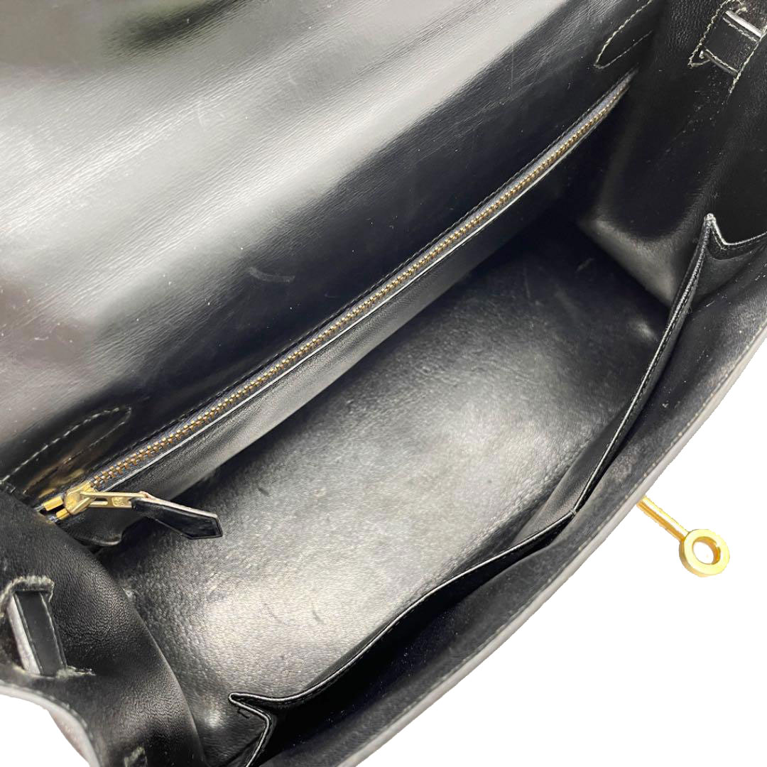 HERMES エルメス ケリー32 ハンドバッグ ボックスカーフ 外縫い ブラック ゴールド金具 ○P刻印（1986年頃製造）