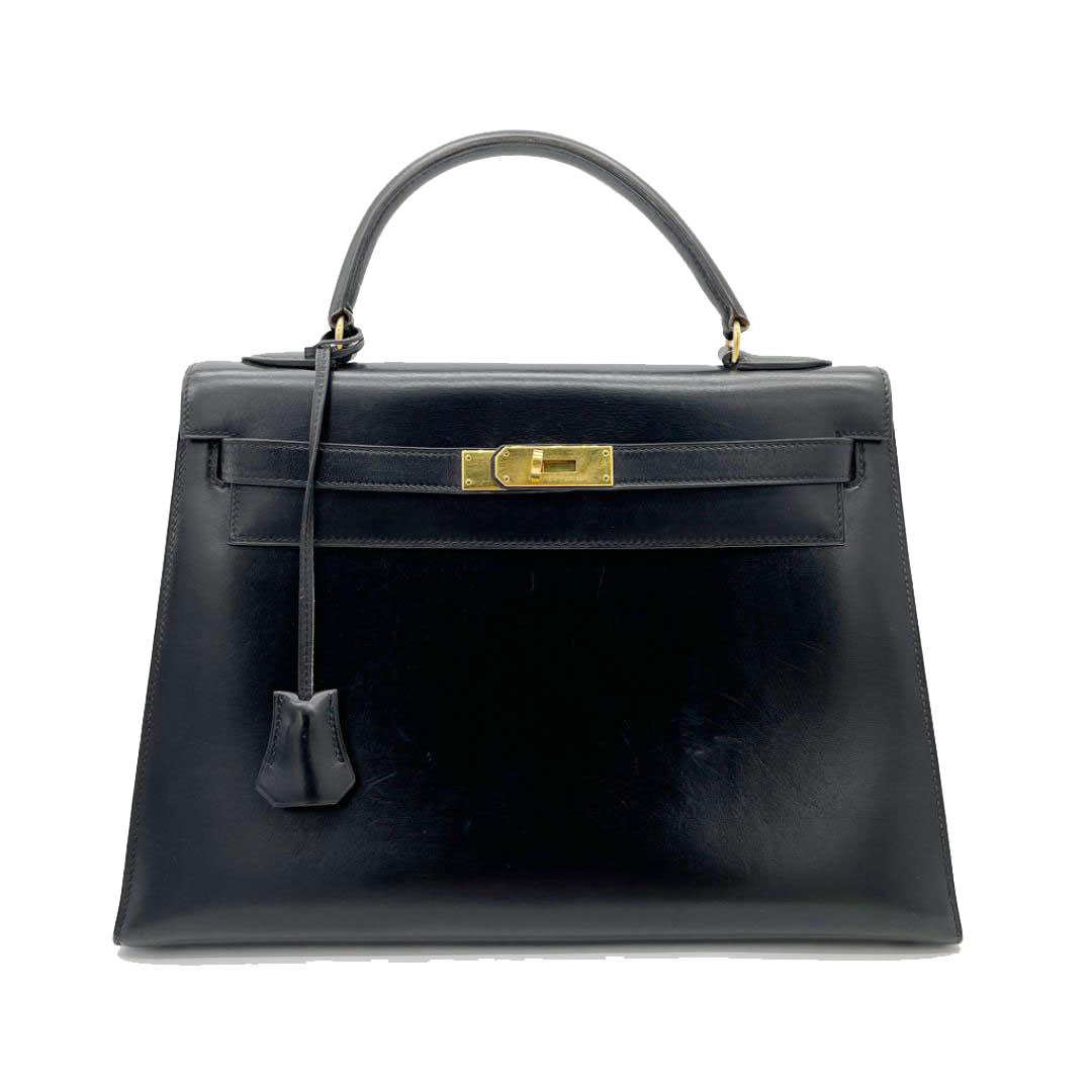 HERMES エルメス ケリー32 ハンドバッグ ボックスカーフ 外縫い ブラック ゴールド金具 ○P刻印（1986年頃製造）