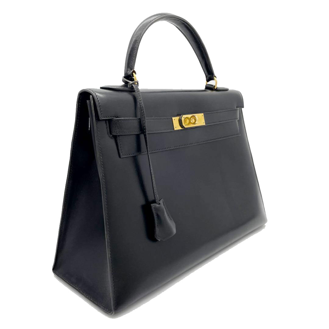HERMES エルメス ケリー32 ハンドバッグ ボックスカーフ 外縫い ブラック ゴールド金具 ○P刻印（1986年頃製造）