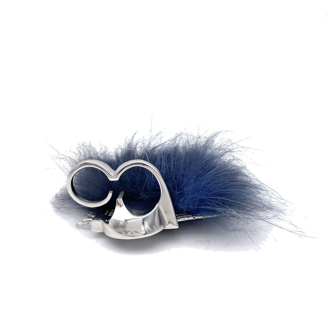FENDI フェンディ ダブルフィンガー リング 指輪 ブルーフォックスファー クリスタル パール Mサイズ AR1114