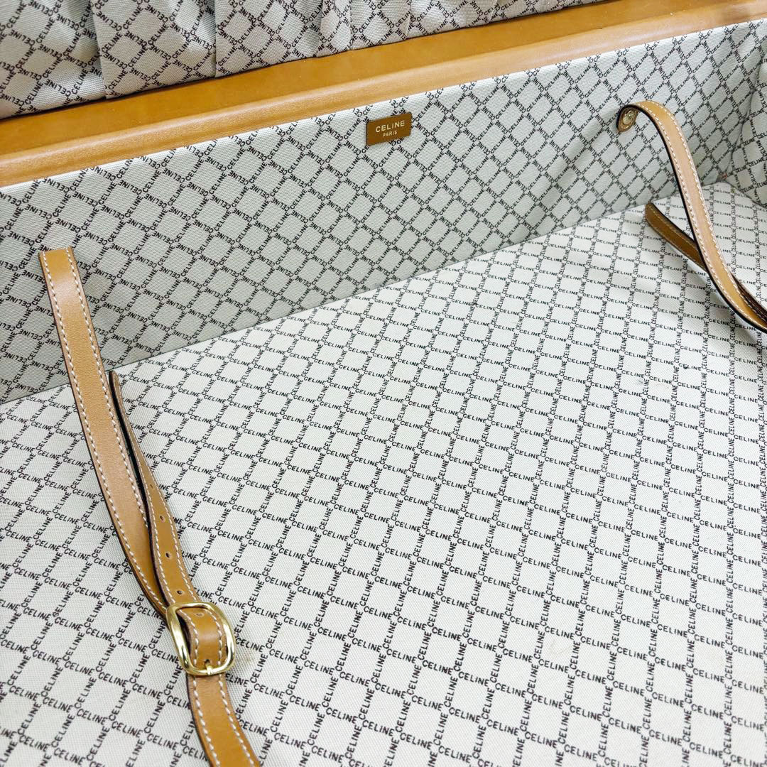 CELINE セリーヌ ヴィンテージトランク トラベルバッグ マカダム柄 PVC/レザー ベージュ/ライトブラウン/ゴールド金具