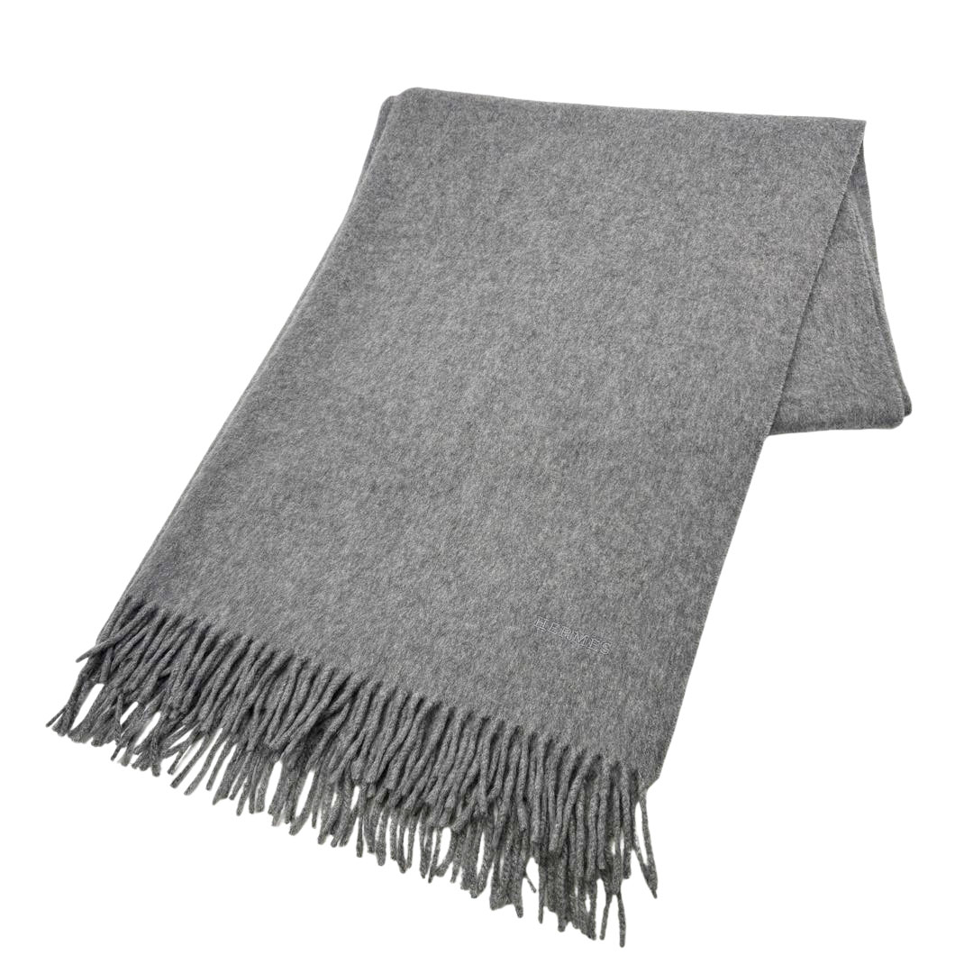 HERMES エルメス ショール ストール マフラー ロゴ刺繍 無地 カシミヤ100％ グレー スコットランド製