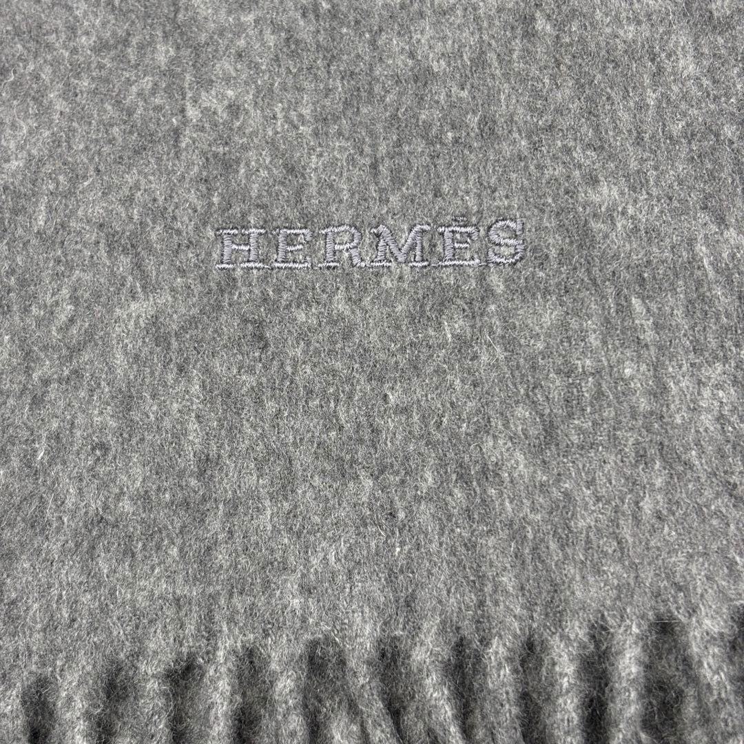 HERMES エルメス ショール ストール マフラー ロゴ刺繍 無地 カシミヤ100％ グレー スコットランド製