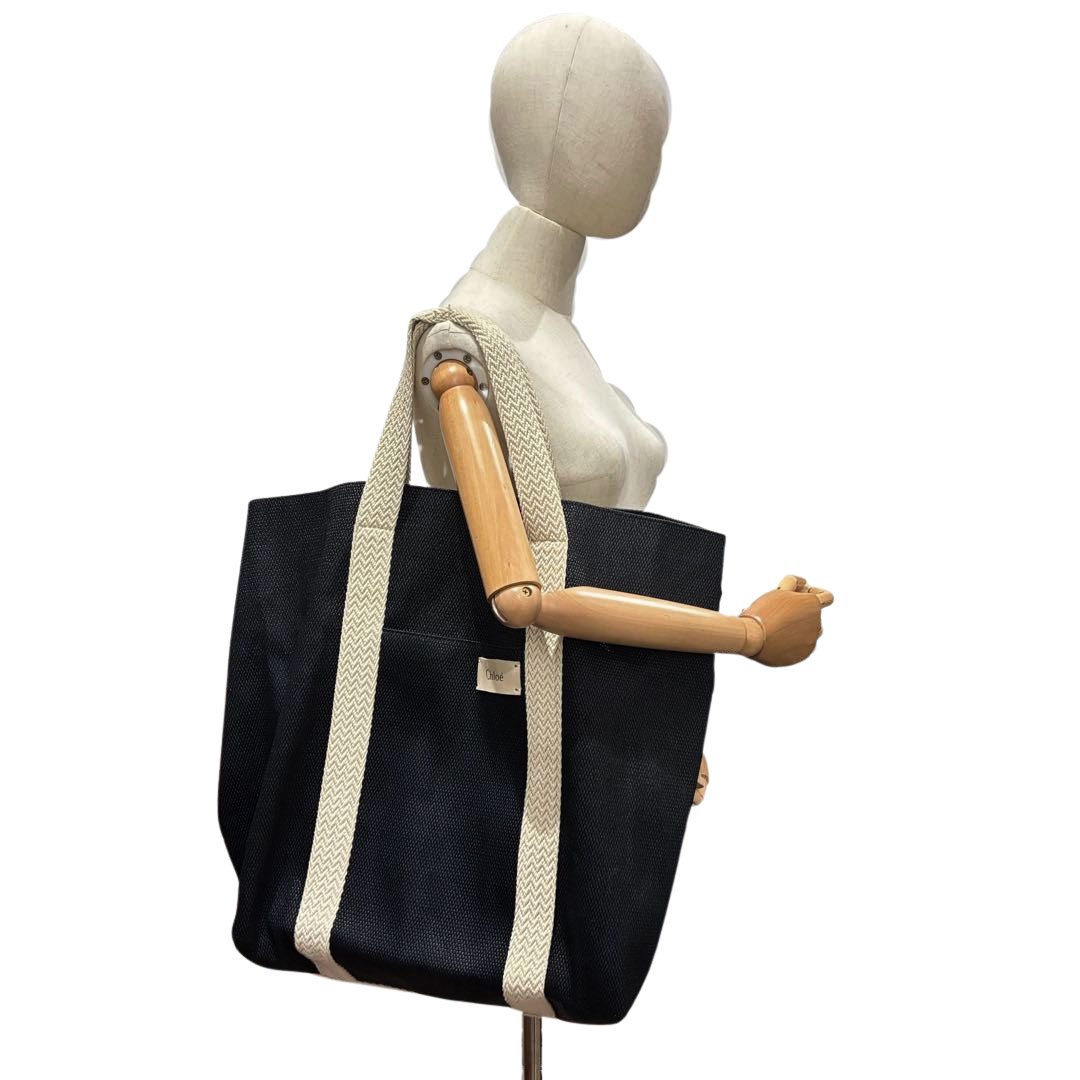 Chloe クロエ ビーチライン トートバッグ レーヨン/コットン ブラック/アイボリー