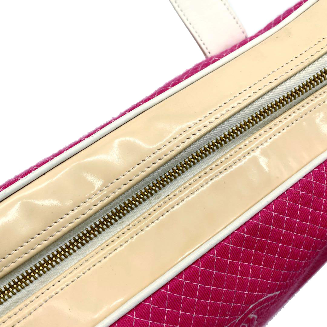 CHANEL シャネル ボーリングバッグ ボストンバッグ コットン エナメル ピンク ベージュ 7番台(2002年頃製造)