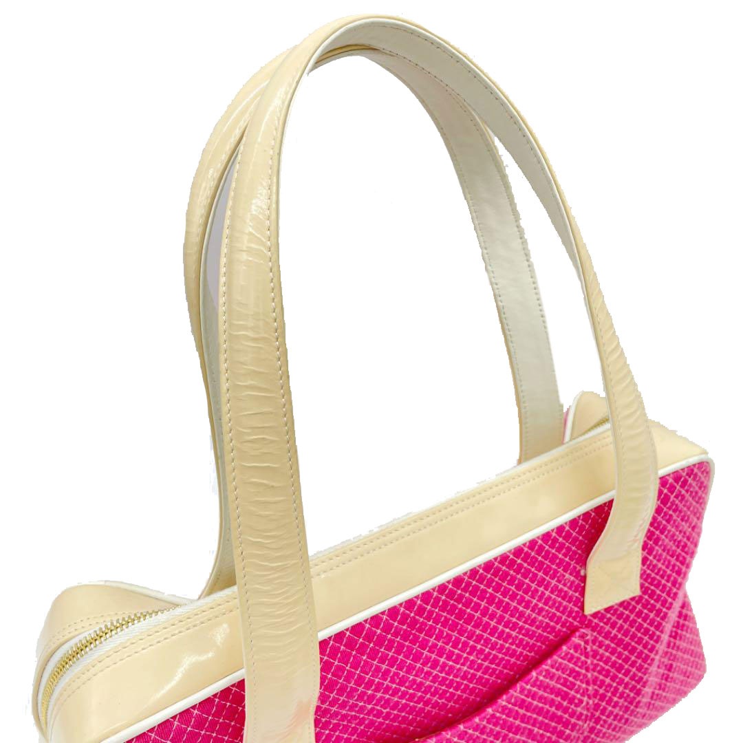 CHANEL シャネル ボーリングバッグ ボストンバッグ コットン エナメル ピンク ベージュ 7番台(2002年頃製造)