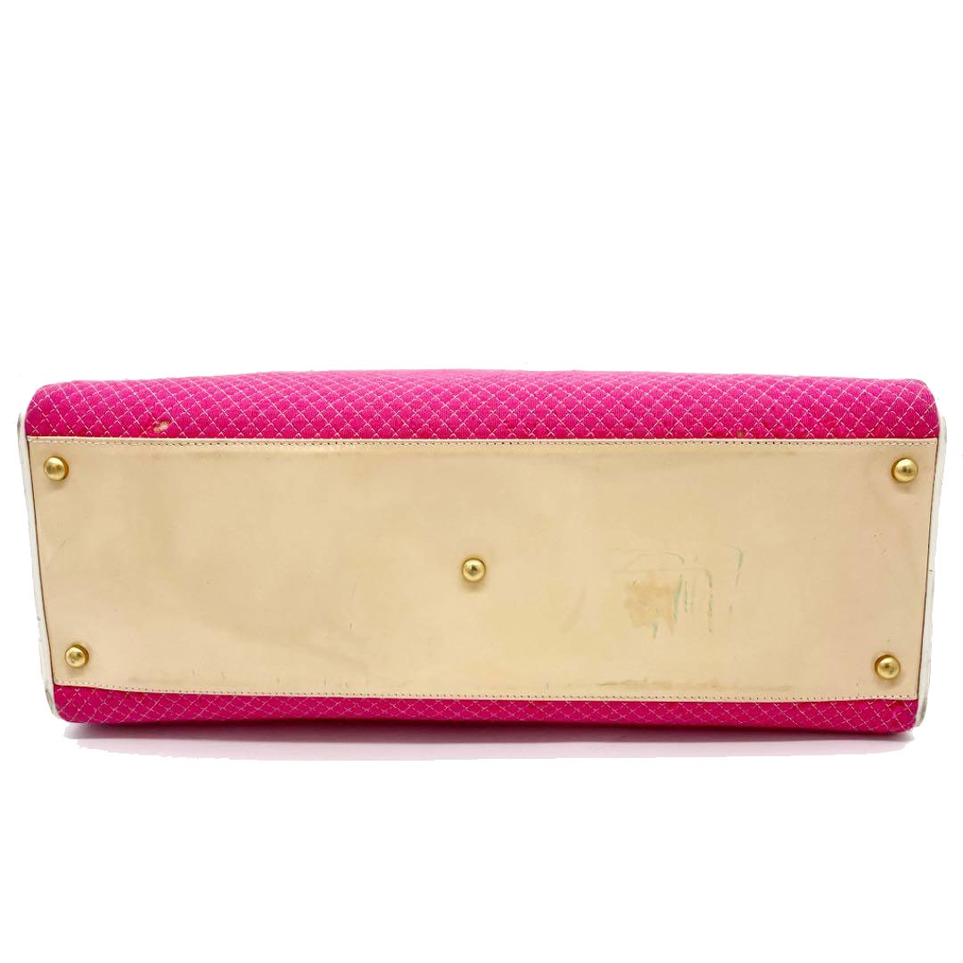 CHANEL シャネル ボーリングバッグ ボストンバッグ コットン エナメル ピンク ベージュ 7番台(2002年頃製造)