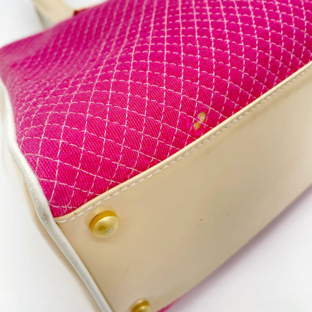 CHANEL シャネル ボーリングバッグ ボストンバッグ コットン エナメル ピンク ベージュ 7番台(2002年頃製造)