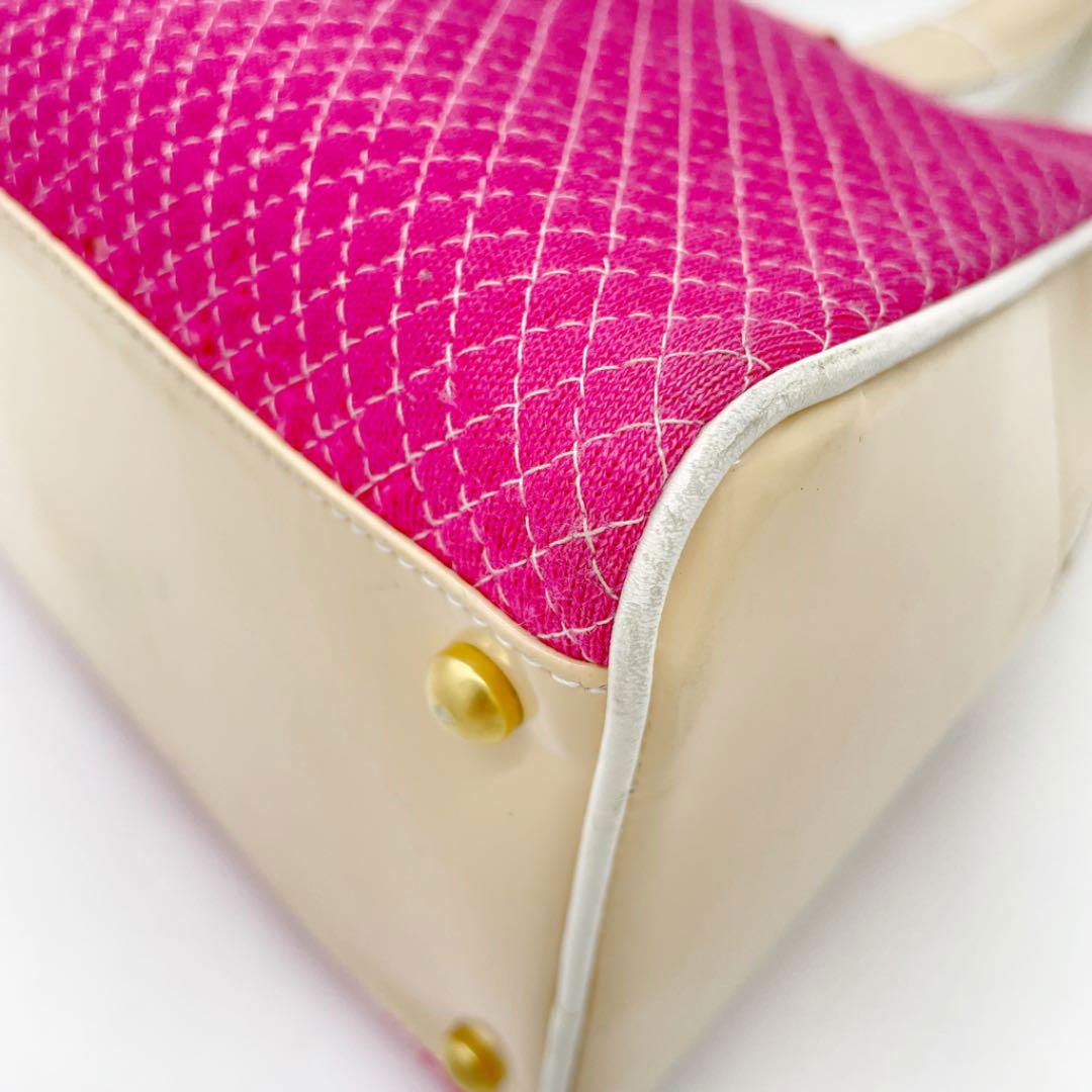 CHANEL シャネル ボーリングバッグ ボストンバッグ コットン エナメル ピンク ベージュ 7番台(2002年頃製造)