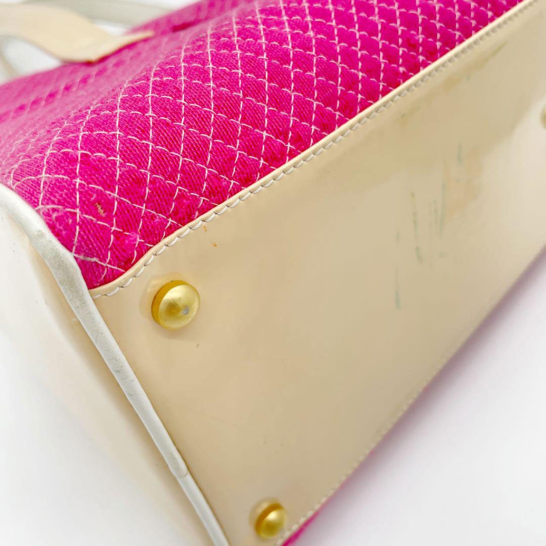 CHANEL シャネル ボーリングバッグ ボストンバッグ コットン エナメル ピンク ベージュ 7番台(2002年頃製造)