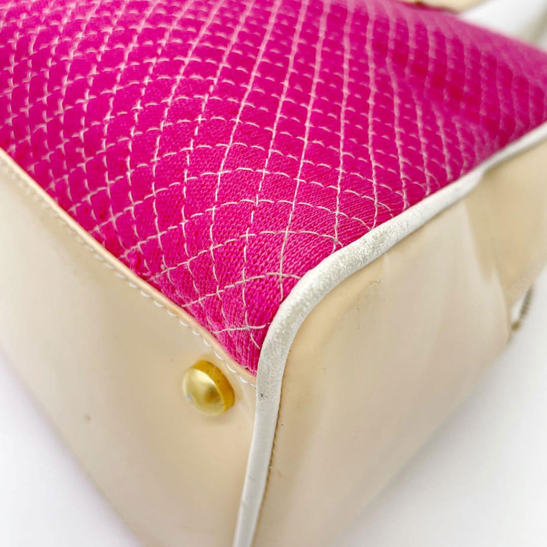 CHANEL シャネル ボーリングバッグ ボストンバッグ コットン エナメル ピンク ベージュ 7番台(2002年頃製造)