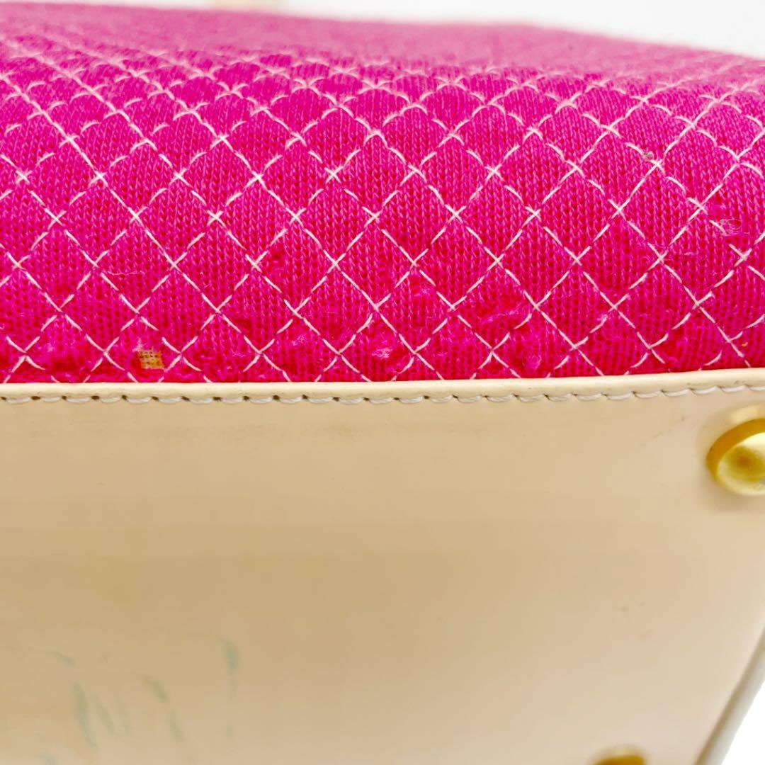 CHANEL シャネル ボーリングバッグ ボストンバッグ コットン エナメル ピンク ベージュ 7番台(2002年頃製造)