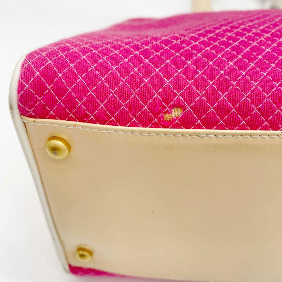 CHANEL シャネル ボーリングバッグ ボストンバッグ コットン エナメル ピンク ベージュ 7番台(2002年頃製造)