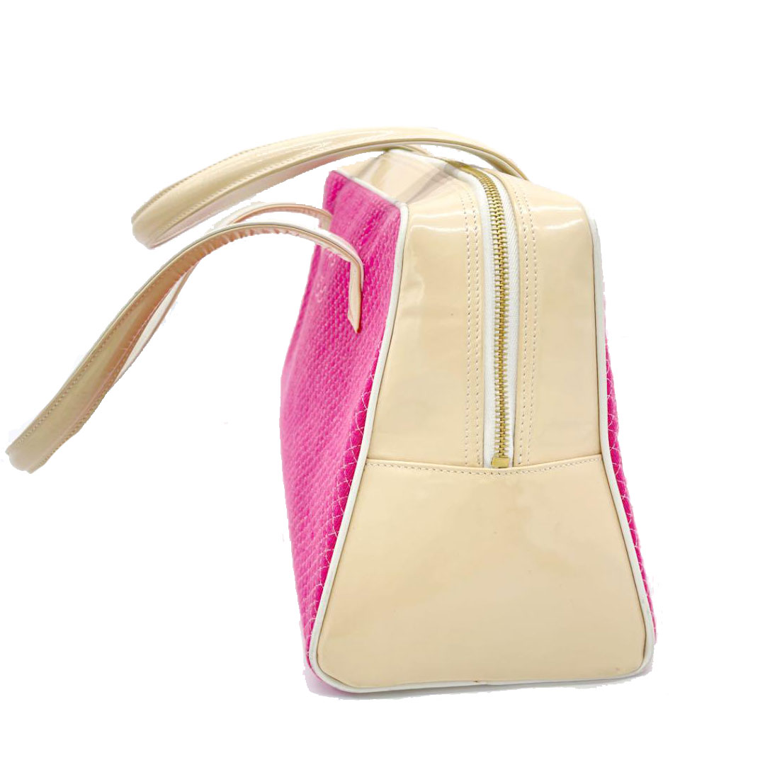 CHANEL シャネル ボーリングバッグ ボストンバッグ コットン エナメル ピンク ベージュ 7番台(2002年頃製造)