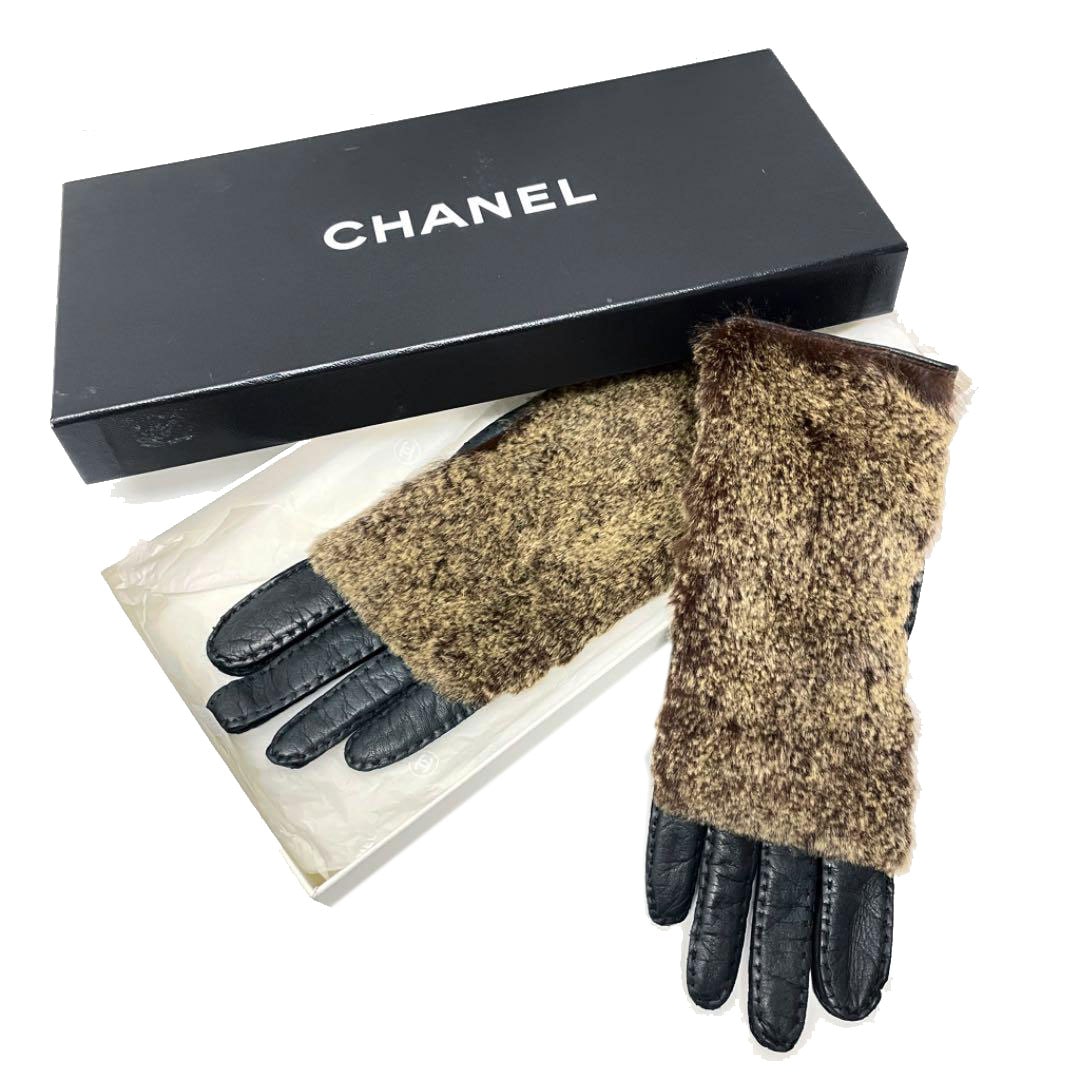≪23N★≫CHANEL 手袋 グローブ CHANEL シャネル ファー レザー グローブ 手袋 ブラック