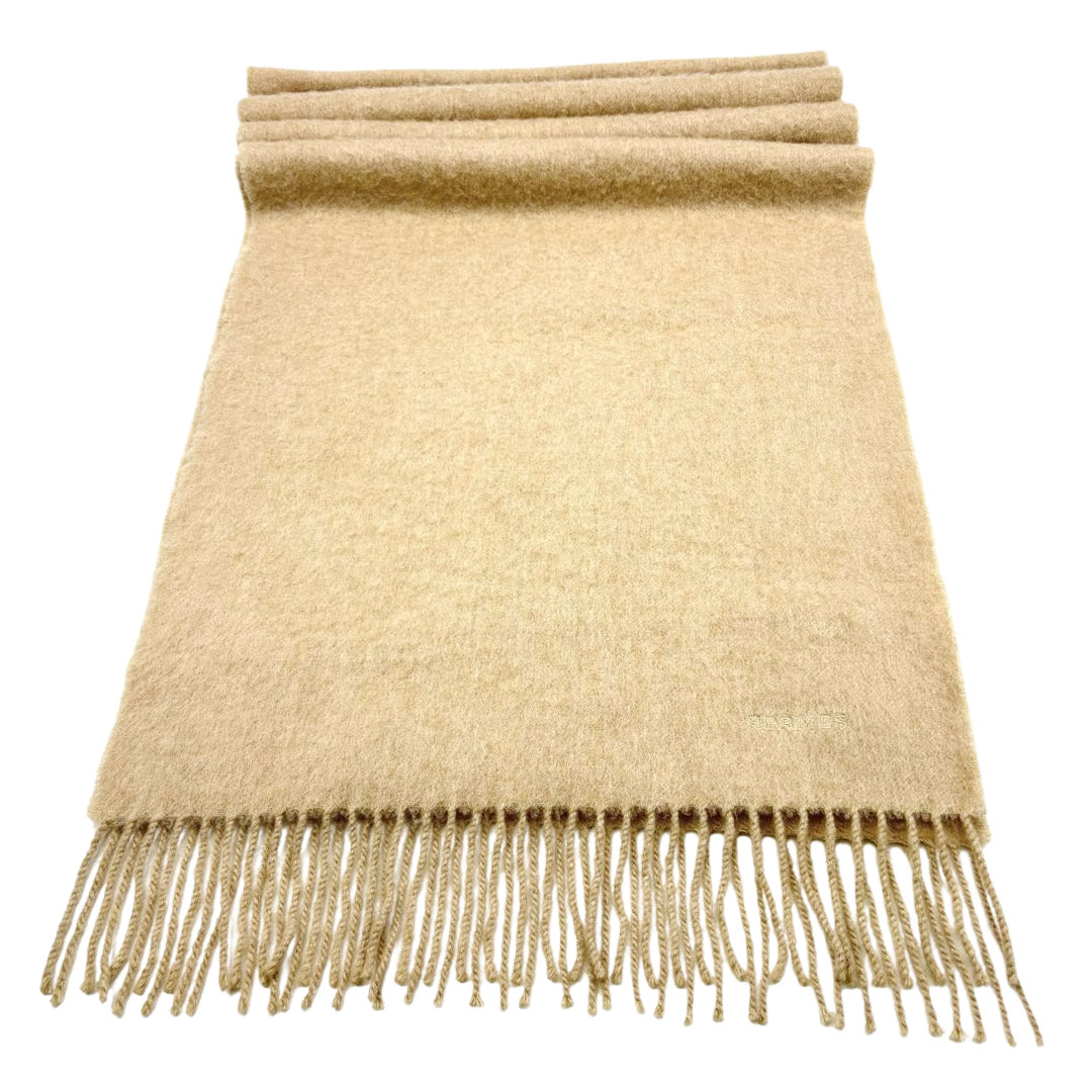 HERMES エルメス ヴィンテージマフラー ロゴ刺繍 カシミヤ100% ベージュ系 スコットランド製