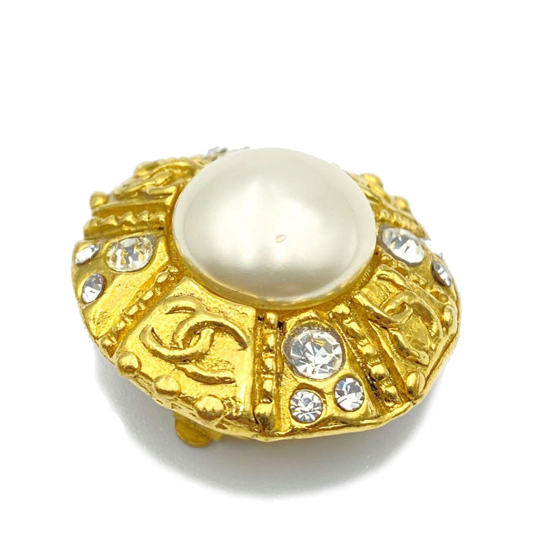 CHANEL シャネル ヴィンテージ イヤリング フェイクパール ラインストーン ココマーク ラウンド ゴールド