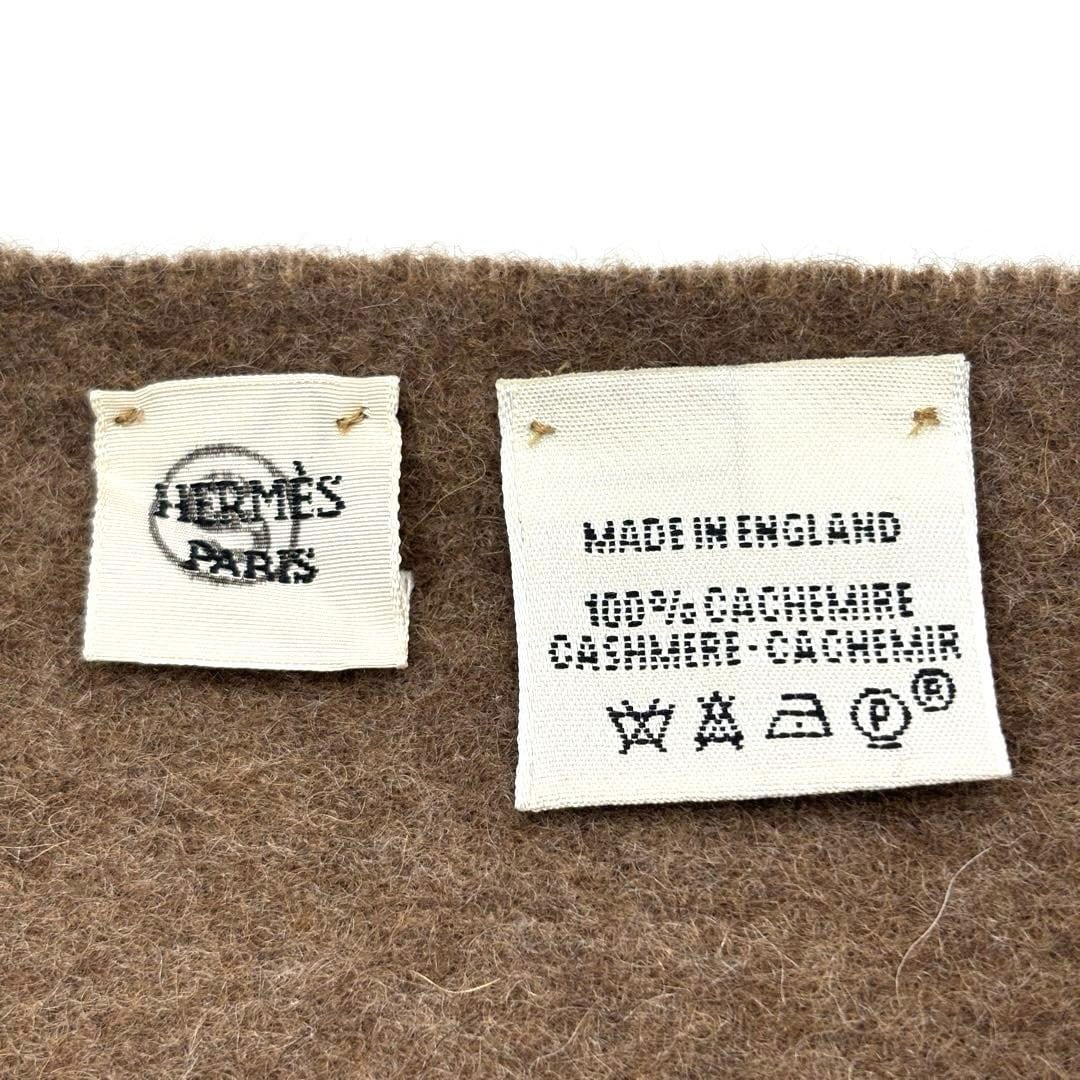 HERMES エルメス マフラー レクトヴェルソ ロゴ刺繍 カシミヤ100% ブラウン系 イングランド製 ※ソルド品