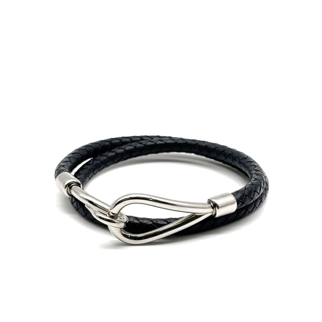 HERMES Hブレスレット黒レザー シルバーバングル HERMES エルメス レザーブレスレット ジャンボ 二重巻き 編み込み